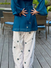 Women Teal Blue Cotton Evil Eye Embroidery Kurta Pant set