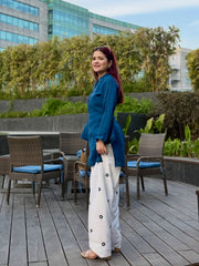 Women Teal Blue Cotton Evil Eye Embroidery Kurta Pant set