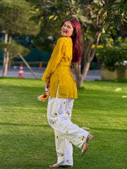 Women Yellow Cotton Evil eye Embroidery Kurta Pant set