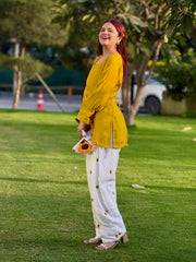 Women Yellow Cotton Evil eye Embroidery Kurta Pant set