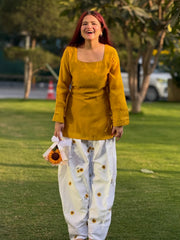 Women Yellow Cotton Evil eye Embroidery Kurta Pant set