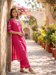 Women Pink Cotton Embroidery Kurta Pant set