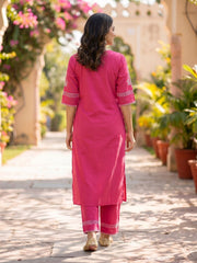 Women Pink Cotton Embroidery Kurta Pant set