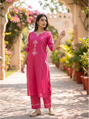 Women Pink Cotton Embroidery Kurta Pant set