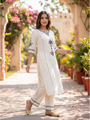 Women White Cotton Embroidery Kurta Pant set