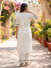 Women White Cotton Embroidery Kurta Pant set