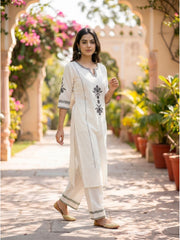 Women White Cotton Embroidery Kurta Pant set