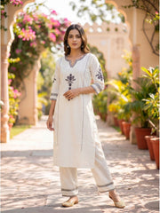 Women White Cotton Embroidery Kurta Pant set