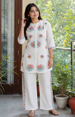 Women White Cotton Embroidery Flowers Co-Ord set
