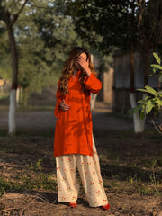 Women Rust Cotton Evil eye Embroidery Kurta Pant set