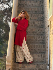 Women Red Cotton Evil eye Embroidery Kurta Pant set
