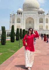Women Red Cotton Evil eye Embroidery Kurta Pant set
