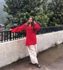 Women Red Cotton Evil eye Embroidery Kurta Pant set