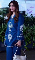 Women Navy Blue Cotton Embroidery Aari Work Co-Ord set