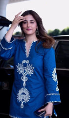 Women Navy Blue Cotton Embroidery Aari Work Co-Ord set