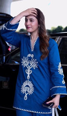 Women Navy Blue Cotton Embroidery Aari Work Co-Ord set