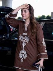 Women Brown Cotton Embroidery Co-Ord set