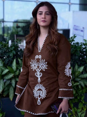 Women Brown Cotton Embroidery Co-Ord set