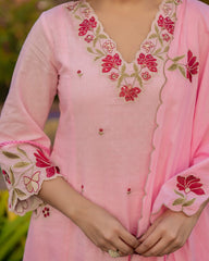 Women Pink Cotton Embroidery Boutique Kurta Pant and Dupatta set