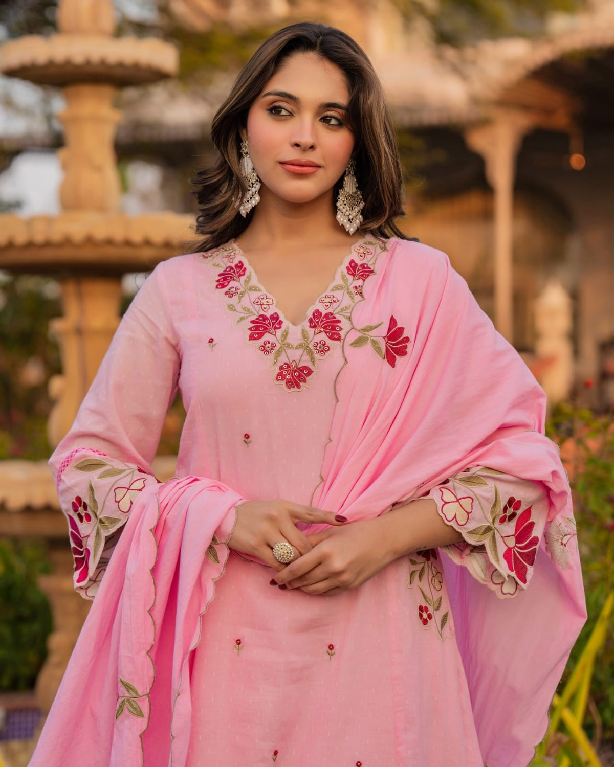 Women Pink Cotton Embroidery Boutique Kurta Pant and Dupatta set