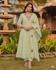 Women Green Cotton Embroidery Boutique Kurta Pant and Dupatta set