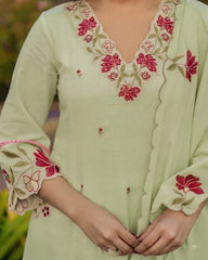 Women Green Cotton Embroidery Boutique Kurta Pant and Dupatta set