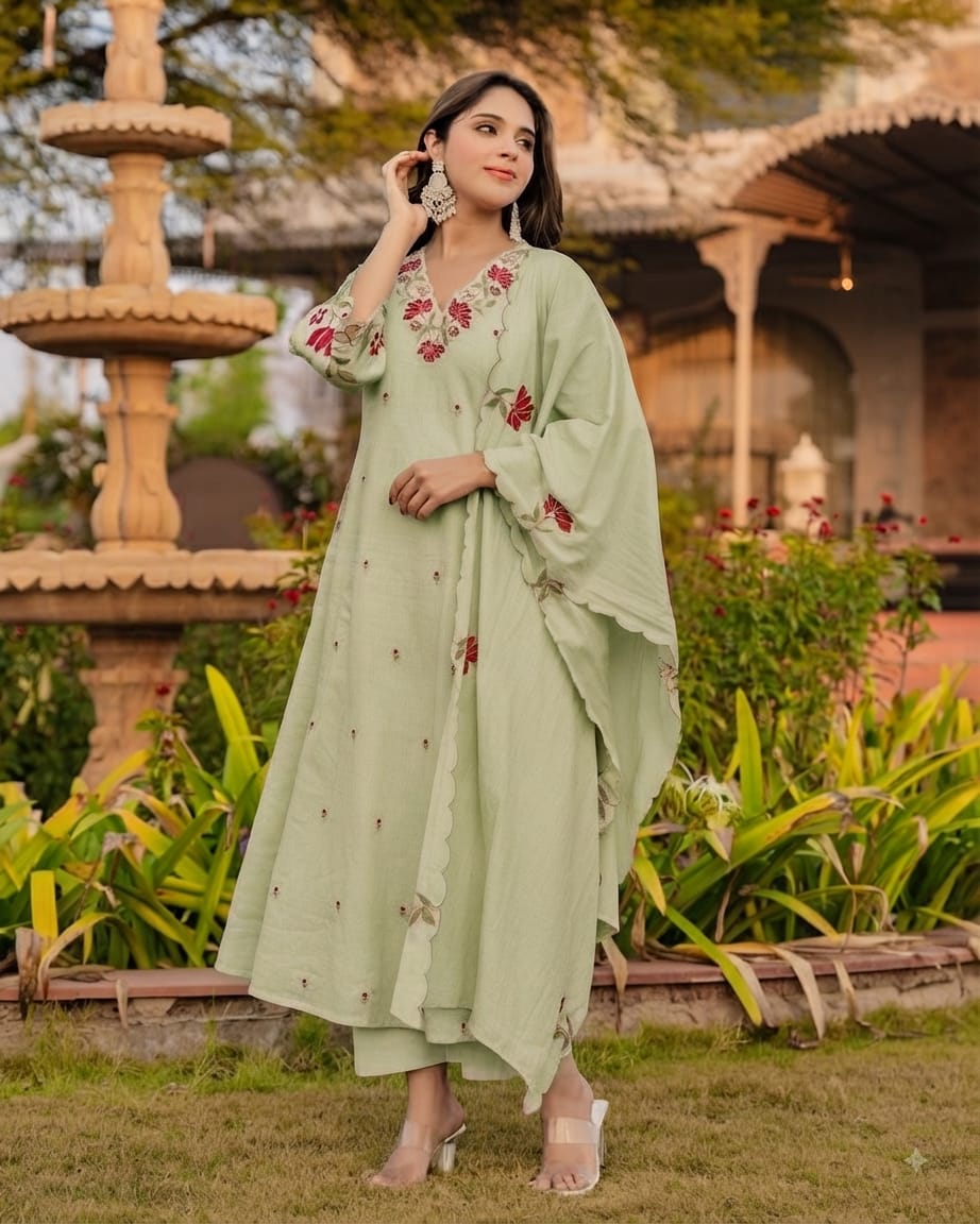 Women Green Cotton Embroidery Boutique Kurta Pant and Dupatta set