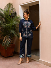 Women Navy Blue Cotton Embroidery Collar Co-Ord set