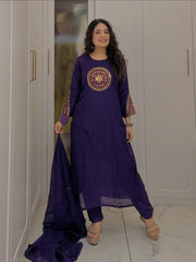 Women Navy Blue Cotton Embroidery Chakri Kurta Pant and Dupatta set
