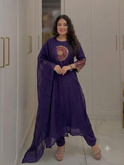 Women Navy Blue Cotton Embroidery Chakri Kurta Pant and Dupatta set