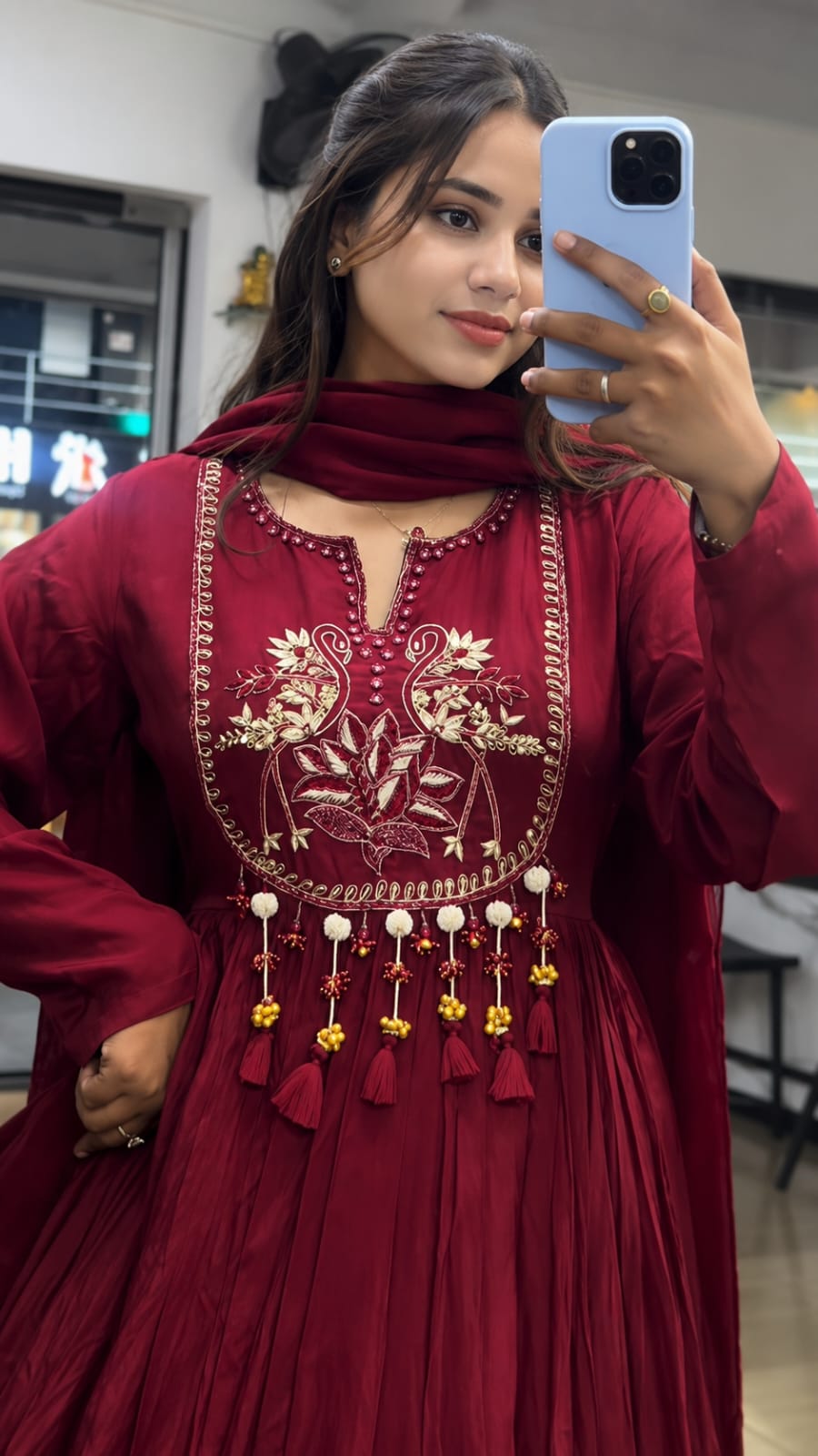 Women Maroon Cotton Embroidery Bird Kurta Pant and Dupatta set
