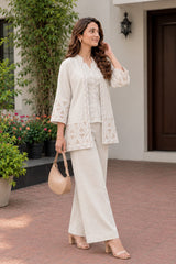 Women White Cotton Embroidery Jacket Style Co-Ord set