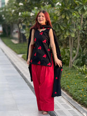 Women Black-Red Cotton Heart Embroidery Kurta Pant and Dupatta set