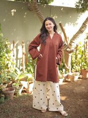 Women Brown Cotton Heart Embroidery Palazzo Co-Ord set