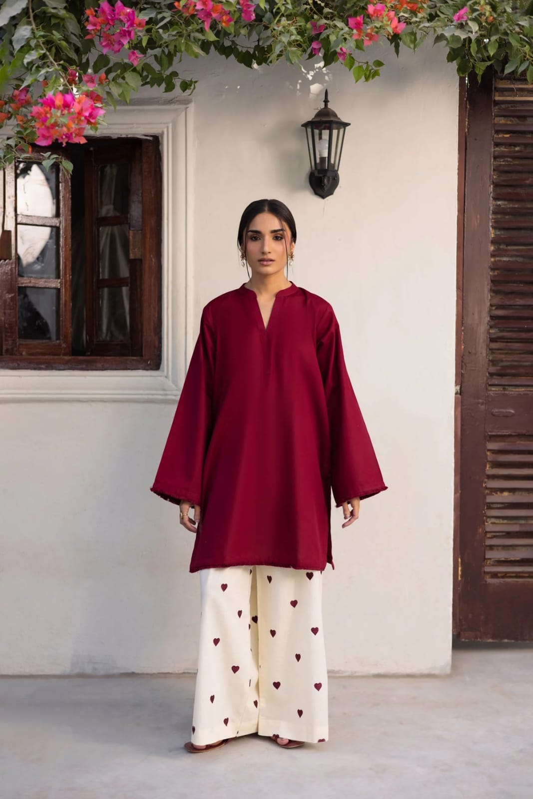 Women Rani Pink Cotton Hear Embroidery Palazzo Co-Ord set