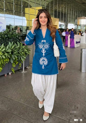 Women Navy Blue Cotton Front Back Embroidery Co-Ord set