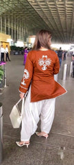 Women Rust Cotton Front Back Embroidery Co-Ord set