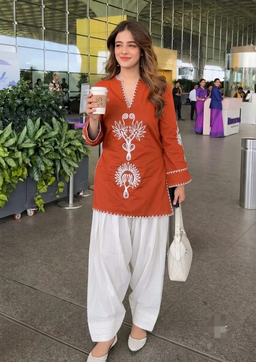 Women Rust Cotton Front Back Embroidery Co-Ord set