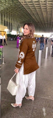 Women Brown Cotton Front Back Embroidery Co-Ord set