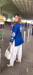 Women Navy Blue Cotton Front Back Embroidery Co-Ord set