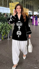 Women Black Cotton Front Back Embroidery Co-Ord set