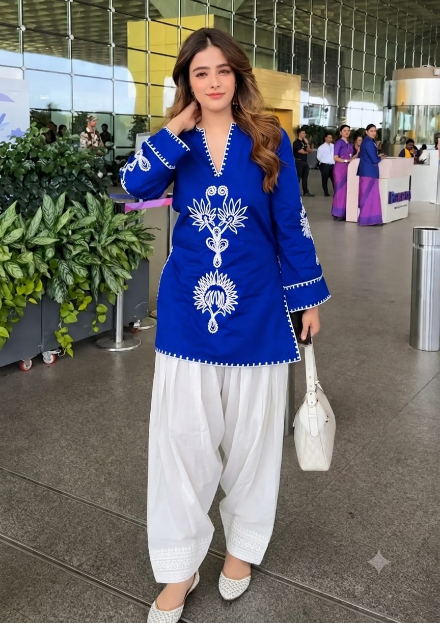 Women Navy Blue Cotton Front Back Embroidery Co-Ord set