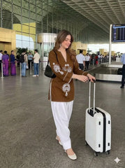 Women Brown Cotton Front Back Embroidery Co-Ord set