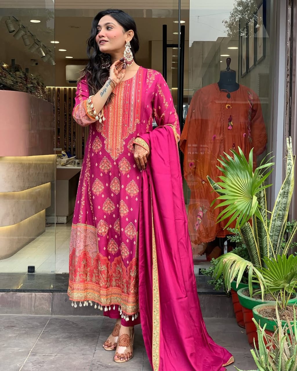 Women Rani Pink Dimond Silk Pakistani Reshmi Kurta Pant and Dupatta set