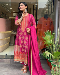 Women Rani Pink Dimond Silk Pakistani Reshmi Kurta Pant and Dupatta set