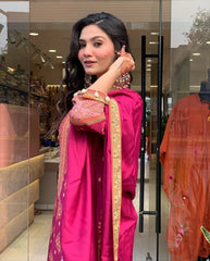 Women Rani Pink Dimond Silk Pakistani Reshmi Kurta Pant and Dupatta set