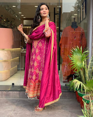 Women Rani Pink Dimond Silk Pakistani Reshmi Kurta Pant and Dupatta set