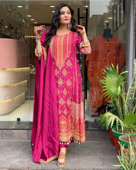 Women Rani Pink Dimond Silk Pakistani Reshmi Kurta Pant and Dupatta set