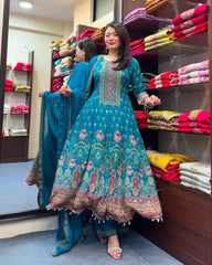 Women Blue Chinnon Rajasthani Anarkali Kurta Pant and Dupatta set