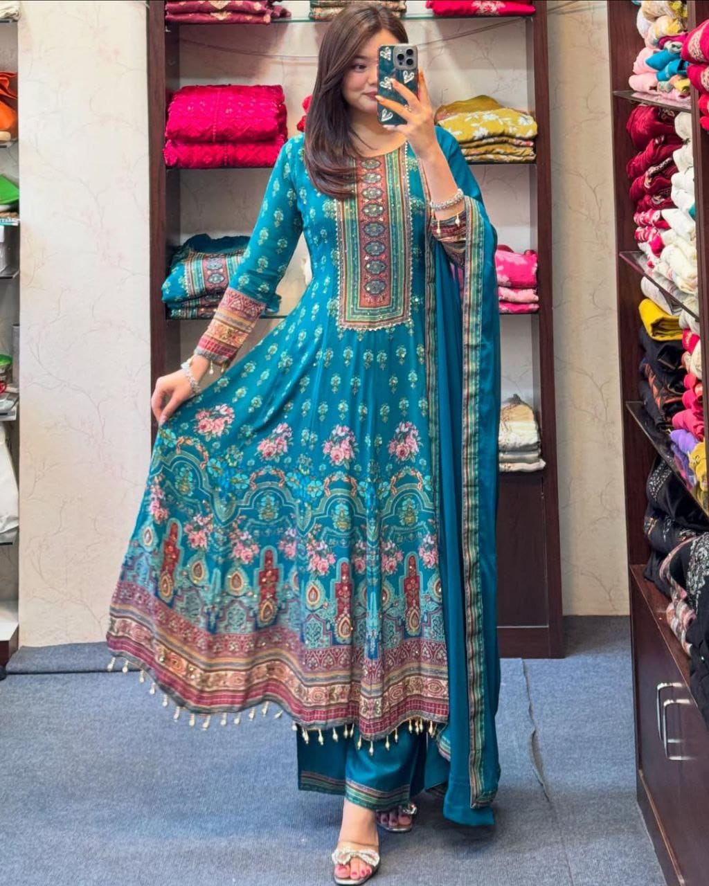 Women Blue Chinnon Rajasthani Anarkali Kurta Pant and Dupatta set